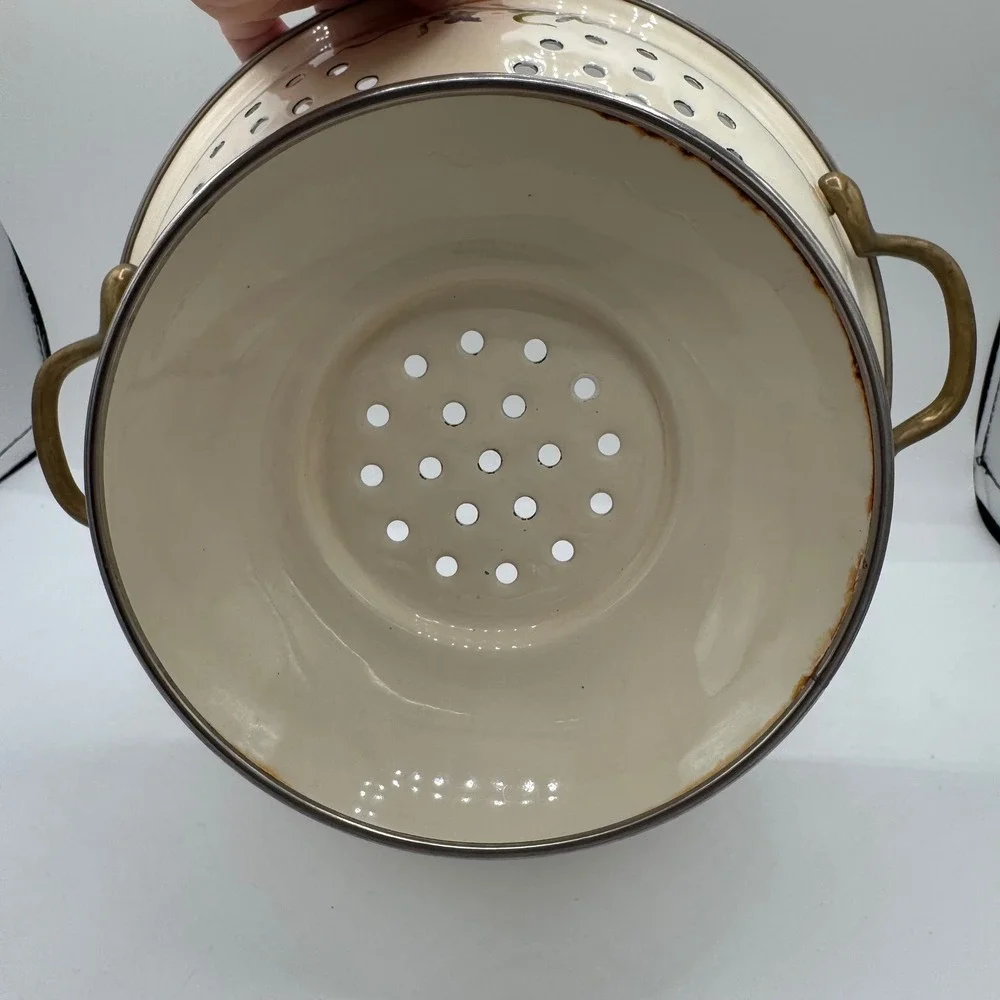 Vintage Enamel Floral Colander Cream Pedestal Strainer Brass Handles Floral Bowl